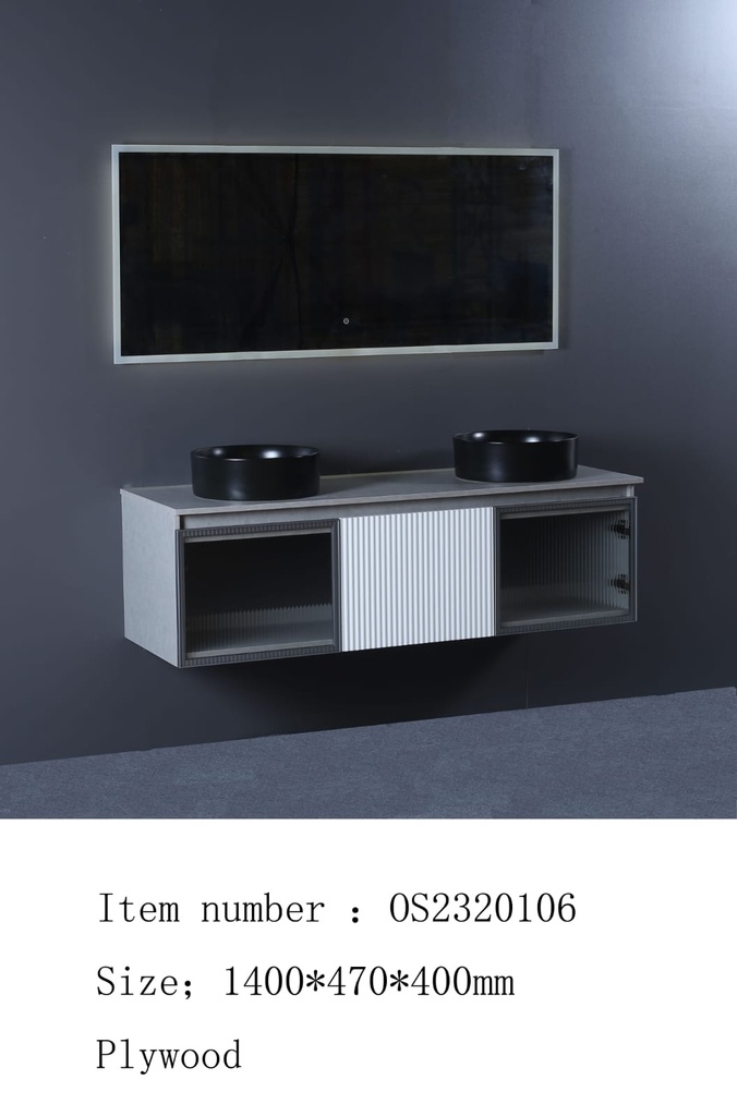 مغسلة دولاب خشب رمادي فاتح باب أبيض بالوسط OS2320106  حوض لون أسود مطفي  LED مراية  140 سم