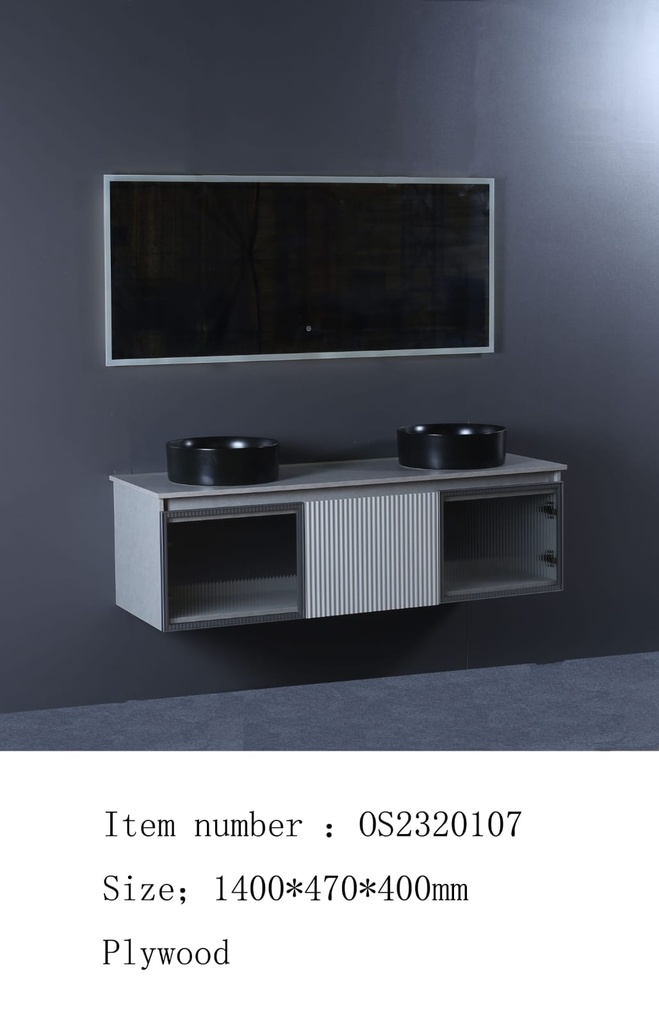 مغسلة دولاب خشب رمادي فاتح  OS2320107  حوض لون أسود مطفي  LED مراية  140 سم