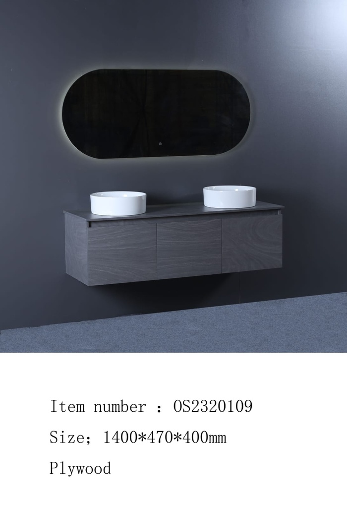 مغسلة دولاب خشب رمادي غامق  OS2320109  حوض لون أبيض لامع  LED مراية  140 سم