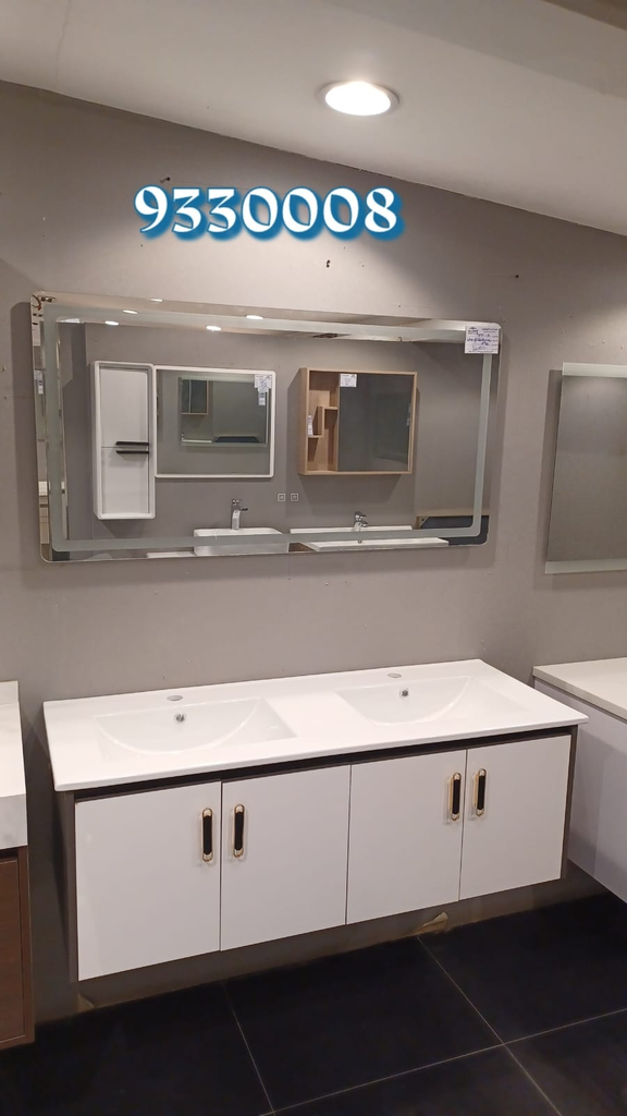 مغسلة خشب حوضين 185B رمادي فاتح مقاس 120سم + مراية