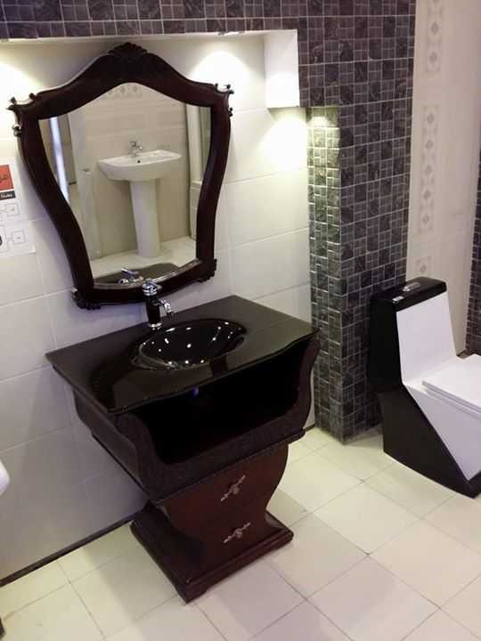 مغسلة زجاج حوض كبينة خشبية مع مراية 80*55 سم موديل FH-9008