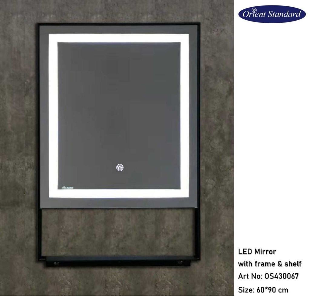 مراية مستطيل OS430067 ليد 90*60 مع إطار ألومنيوم مع رف أسود اللون
