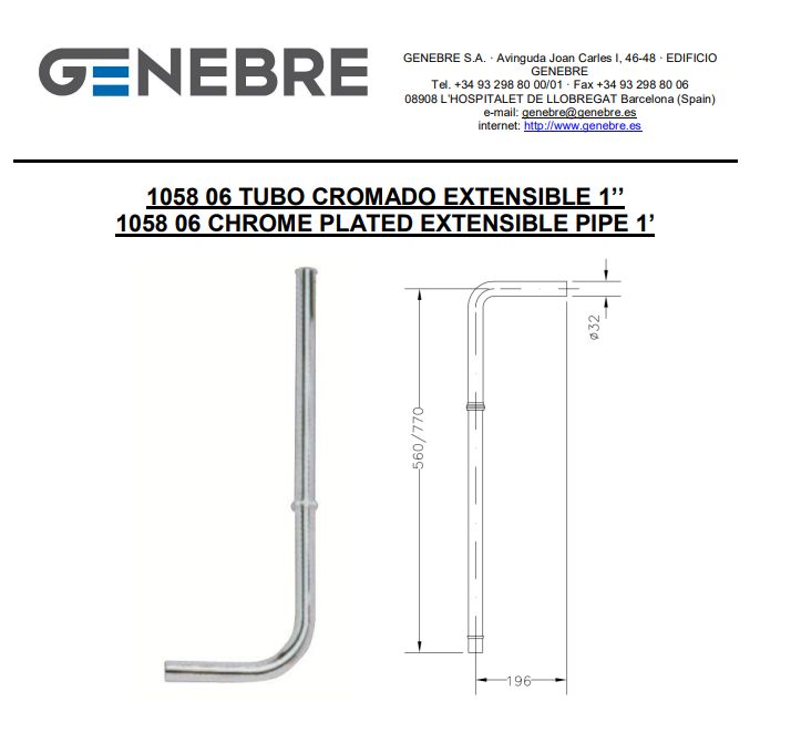 ماسورة سيفون ضغط 06 1058 اسباني GENEBRE كروم جداري خارجي