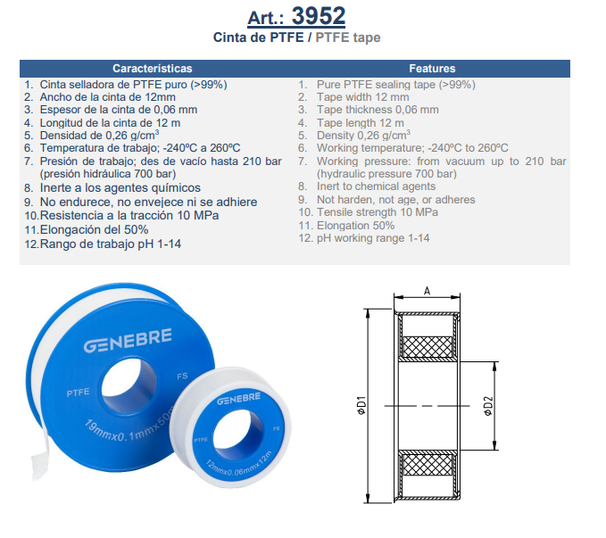تيب تفلون 00 3952 اسباني GENEBRE طول 12 م
